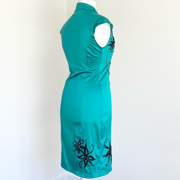 Jane Norman Y2K dress 14 turquoise green satin black embroidered vintage - Picture 2 of 16